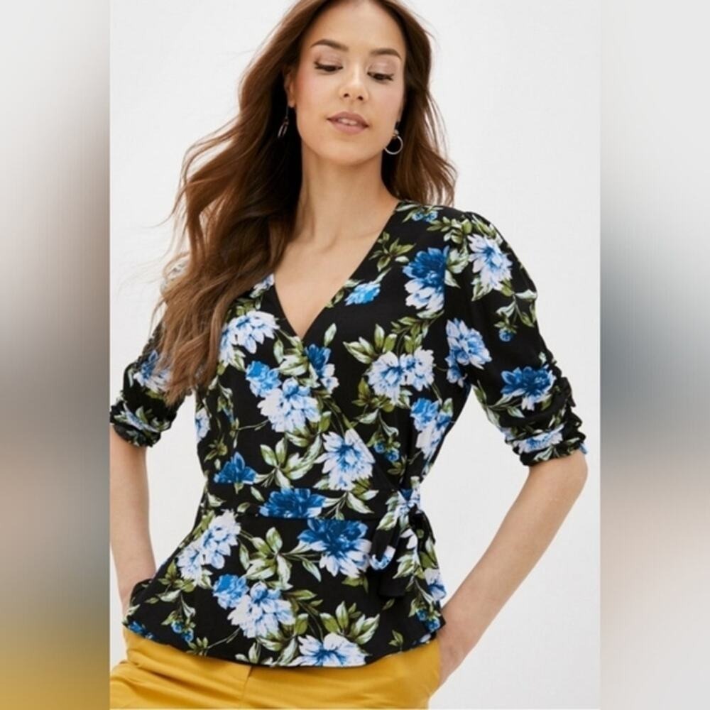 Banana Republic Ecovero Black Floral Botanical 3/4 Sleeves Wrap Top XS